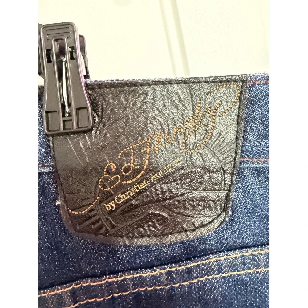 Ed Hardy Men’s Blue Dark Wash Straight Denim Jeans Embroidered Skull Distressed